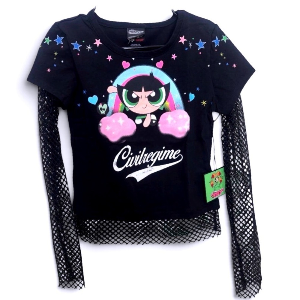 Civil Regime Powerpuff‎ Girls Buttercup Fishnet Twofer Tee Black Medium NEW